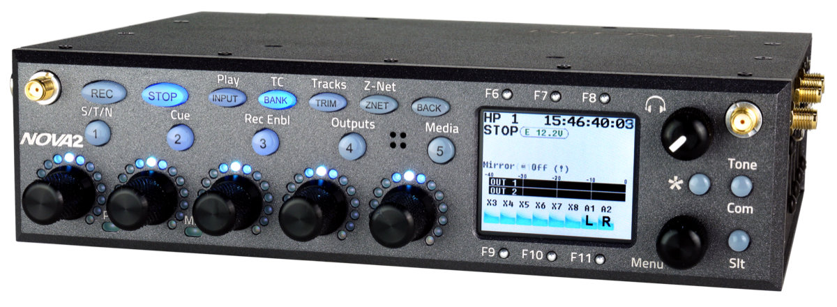 Zaxcom Nova 2 location sound mixer and recorder, front panel with five faders and display