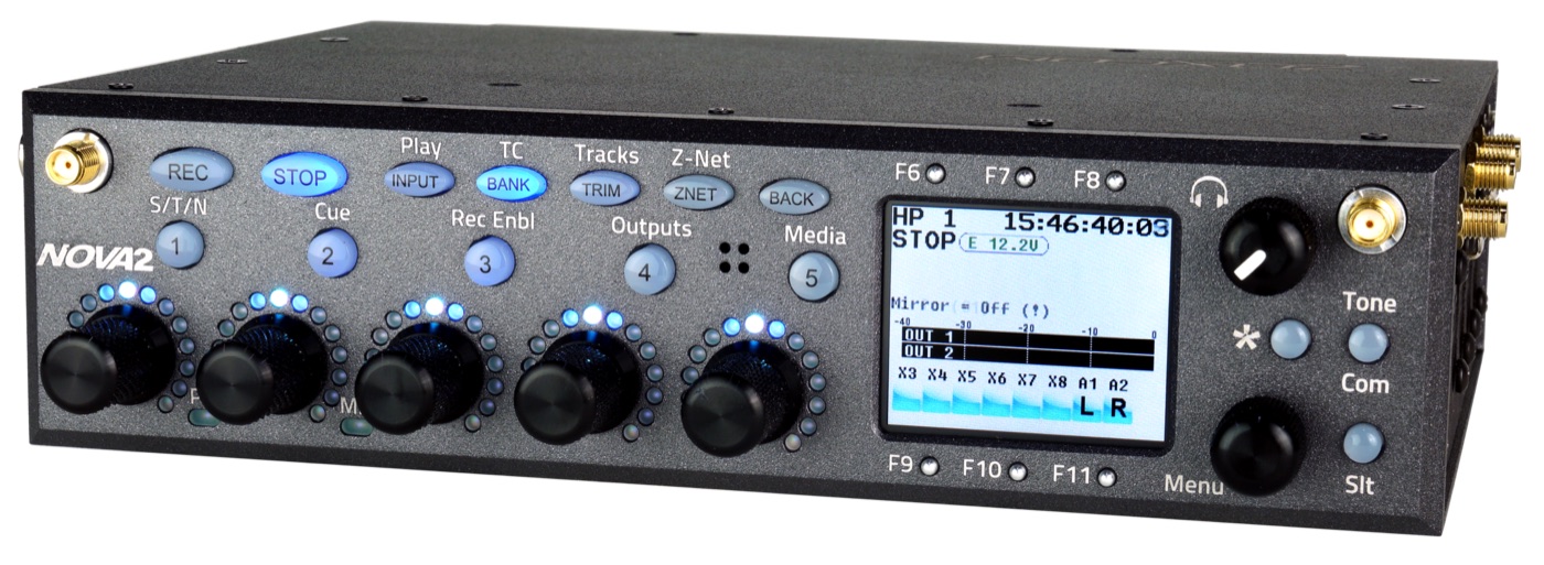 Zaxcom Nova 2 location sound mixer and recorder, front panel with five faders and display